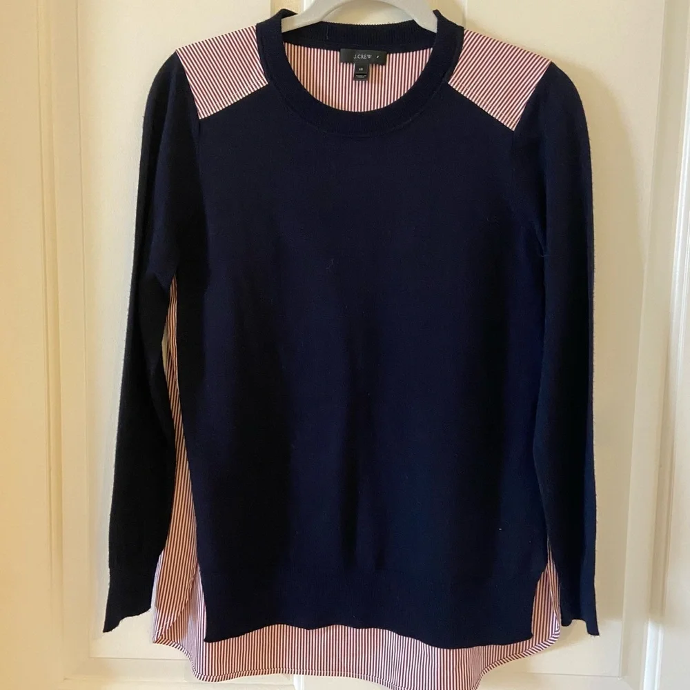 J. Crew Womens Mixed Media Merino Wool Sweater Top Navy & Red Striped Size XS